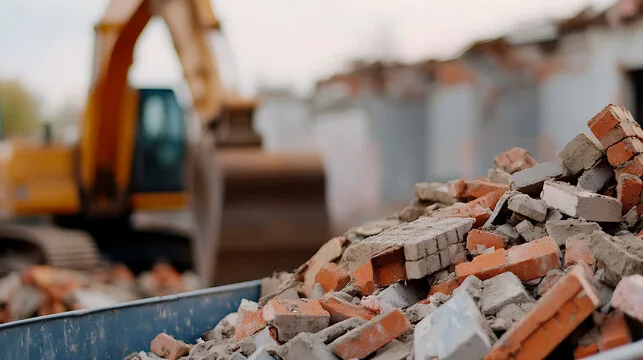 Construction debris and broken bricks being cleared by an excavator.