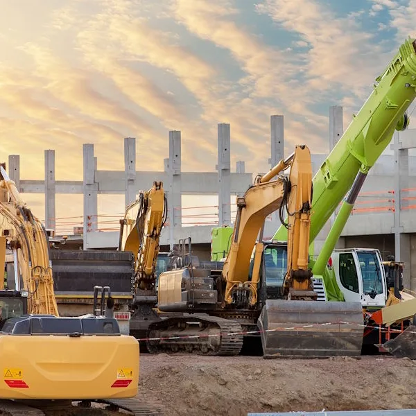 Excavators and crane operating beside a concrete commercial building under construction.