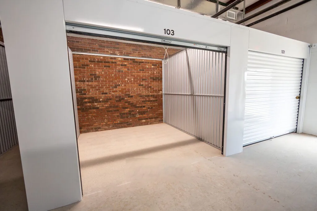 Open self-storage unit with metal partition walls and adjacent roll-up door. SafeNest Storage in Asheville, NC.